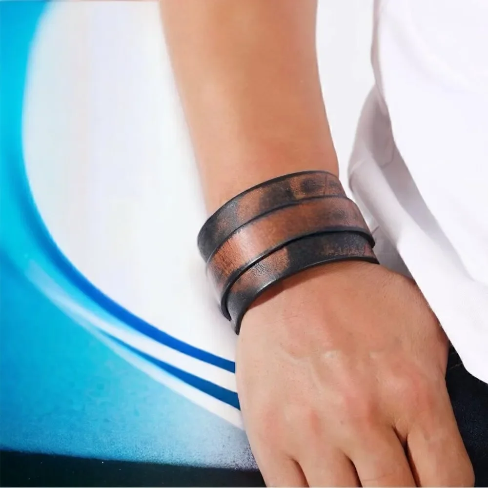 Men’s Leather Cuff, Wristband l Brown/Black Soft P/U l 2-Snap Adj Design l New